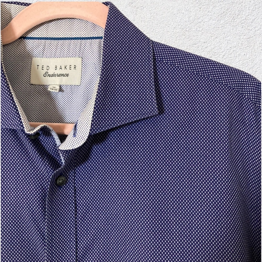 Ted Baker Endurance Men 16 34/35 Blue Micro Print Dress Shirt Cotton Classic
